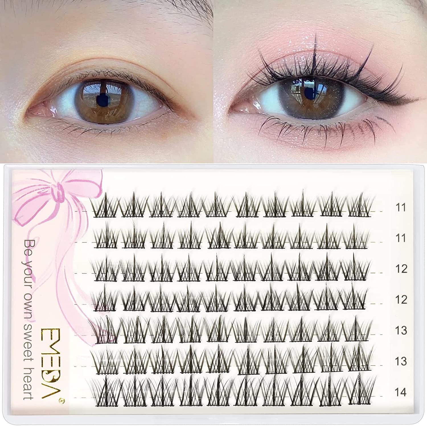 EMEDA Cluster Lashes 70 Pcs DIY False Eyelashes C Curl Individual Lashes 11mm 12mm 13mm 14mm Manga Lashes DIY Eyelash Extensions Thin Band Natural Cluster Lash Kit (Mix 11-14mm)