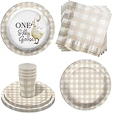 One Silly Goose 1st Birthday Party Supplies - 64 Piece First Birthday Tableware Set Includes Large 9" Dinner Plates and 8" Dessert Paper Plates Napkins Cups - Kit for 16