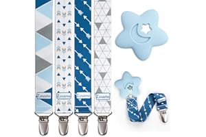 Liname Neutral Pacifier Clip with Teething Toy - 4 Pack Pacifier Clips for Boys & Girls - Binky Holder Soothie Paci Clip Binkie Clip - Unisex Pacifer Clip Baby Pacifier Clip and Pacifier Holder (Blue)