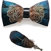 RBOCOTT Handmade Feather Pre-tied Bow tie and Brooch Sets for Men