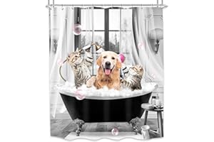 MESHELLY Funny Cat and Dog Shower Curtain 60Wx72H Kids Cute Animals Kitten Lovely Hilarious Pets Curtain for Bathroom Bathtub Toddler Bath Curtain Cloth Fabric Bathroom Accessories Decor with 12 Hooks