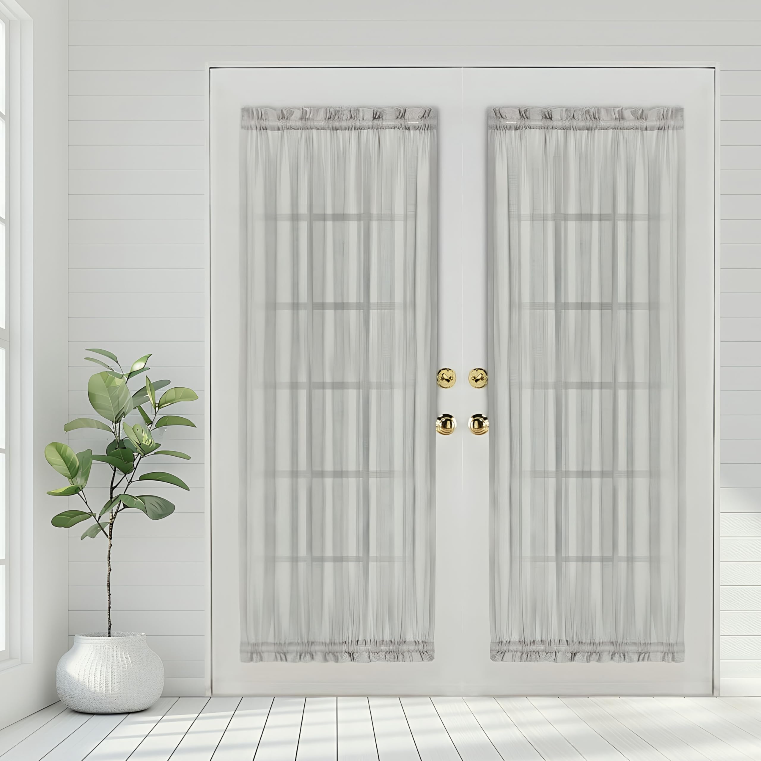 Aquazolax Glass Door Panel Window Curtain Elegant Solid Voile Transparent Sheer French Door Panel 25x72 Inches with Bonus Tieback - 2 Panels, Grey