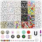 MIIIM 1200pcs 12 Styles Letter U Alphabet for Bracelets Making, 4x7mm Round Letter Beads, Vowel Beads for Friendship Bracelets Making, Numbers, Hearts in 24 Grid Box