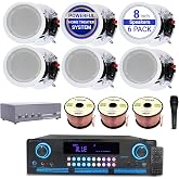 Vaiyer Home Theater System Kit, 2000 Watts Bluetooth Amplifier | w/ 6 Qty of 8" Framed Ceiling Speakers 300 W Each, 4-Ch Speaker Selector, Mic, 300 ft Speaker Wire