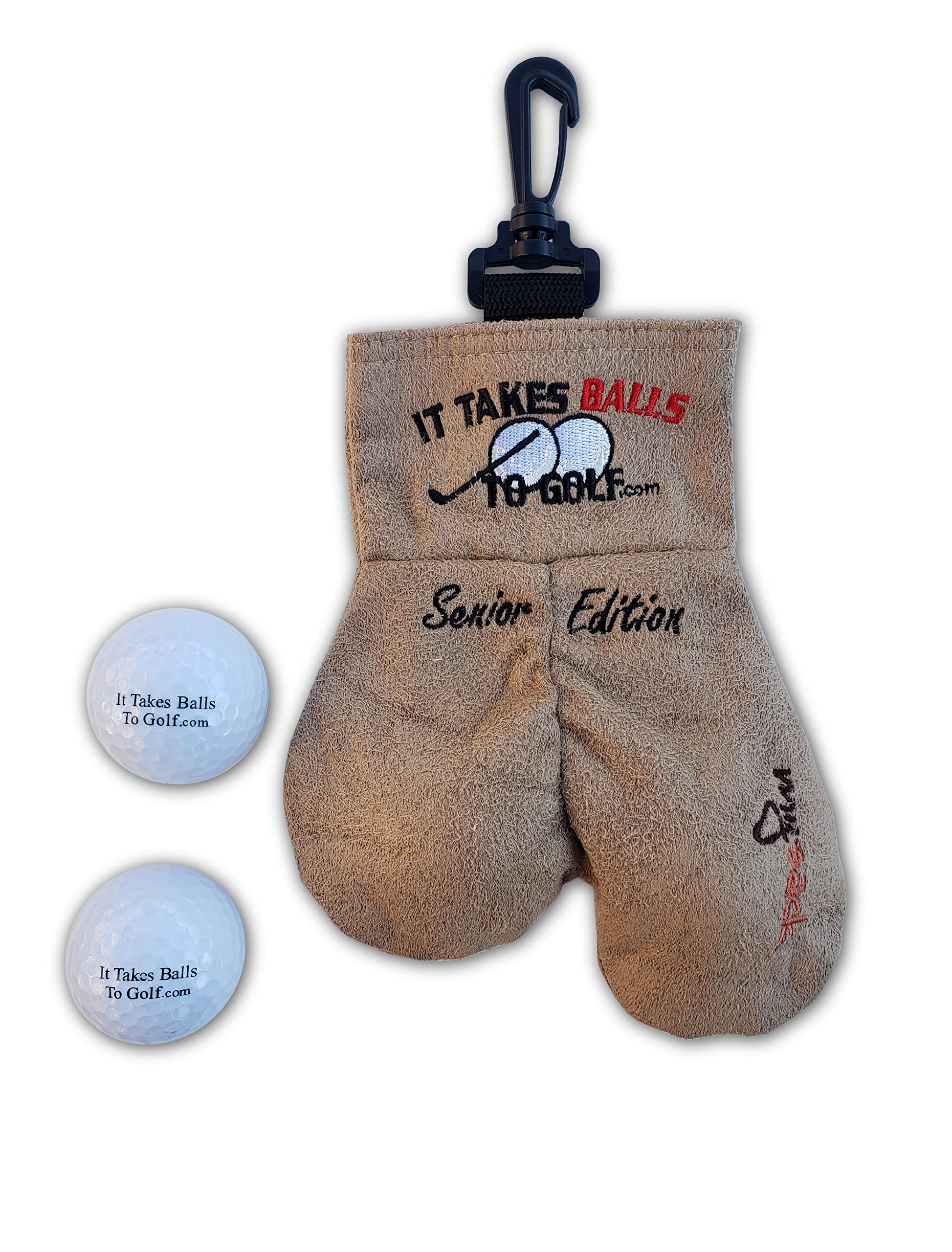 MySack 'It Takes Ball to Golf - Senior Edition' Novelty Suede Funny Golf Ball Holder Comes With 2 Free Golf Balls Included | 13cm x 24cm x 4cm