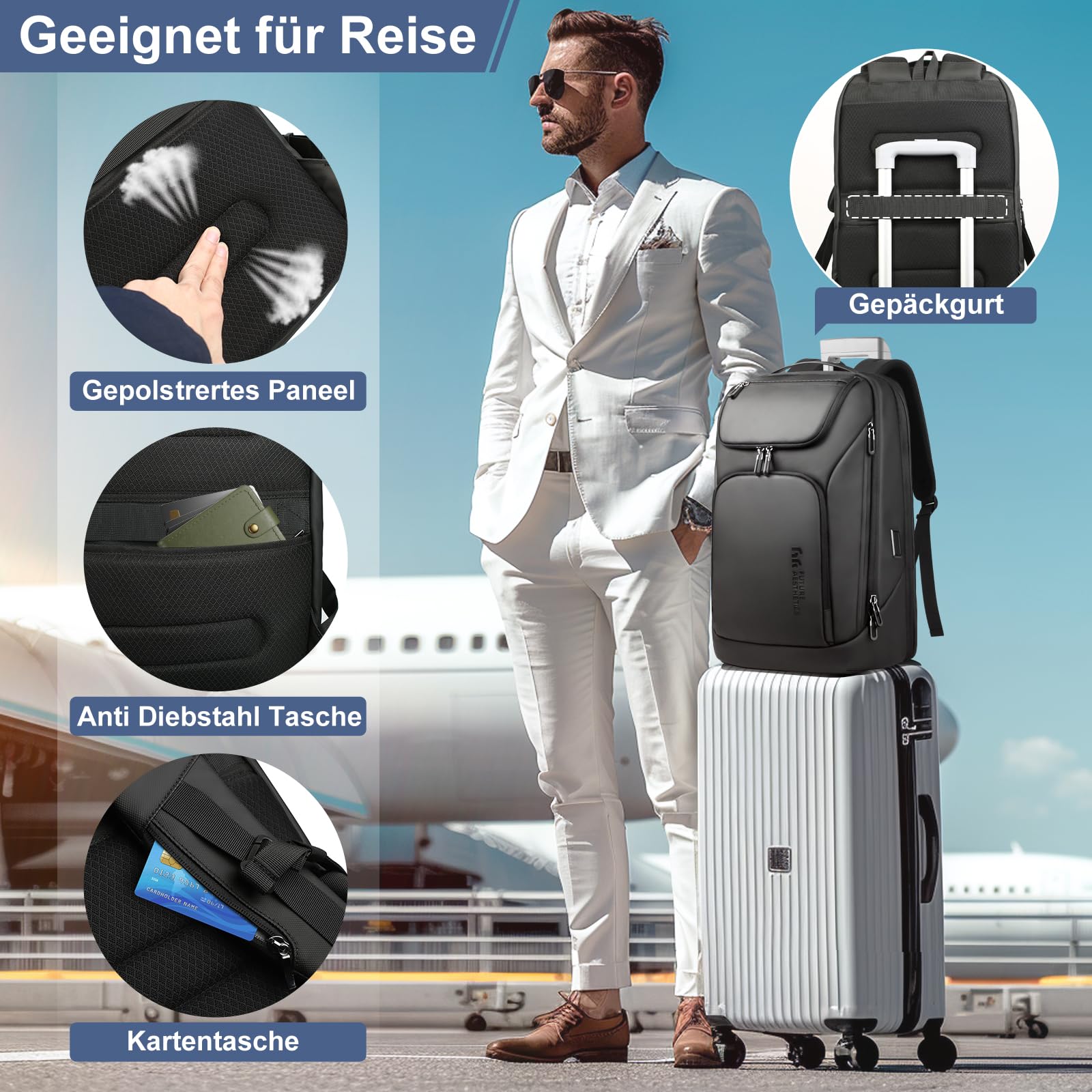 HEROIC KNIGHT Rucksack Herren Groß 30L Laptop Rucksack 17,3 zoll Business Rucksack Reiserucksack mit USB-Anschluss,Flug Genehmigt Bordgepäck Wasserabweisend Kabinenrucksack für Arbeit Business Reise 6