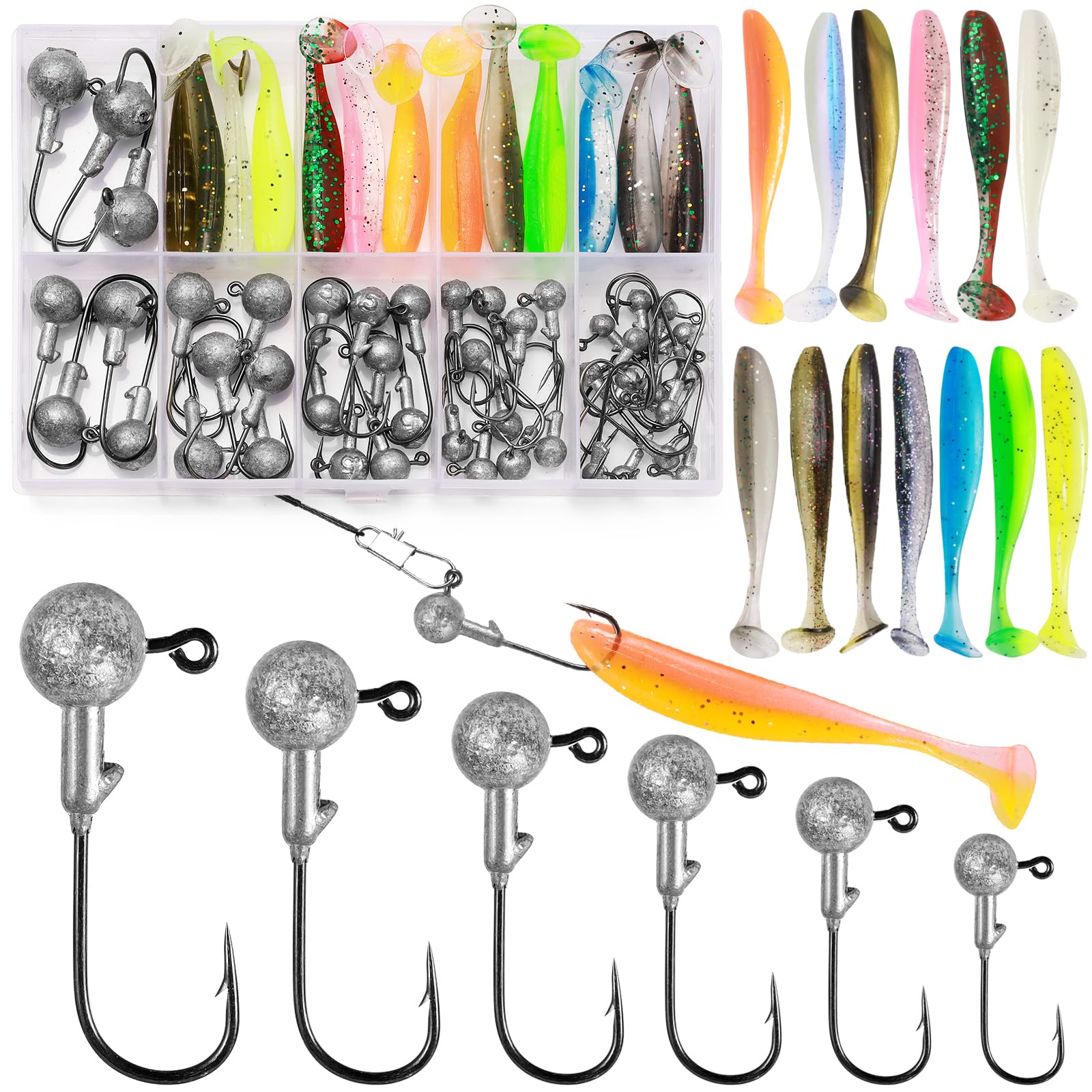 Annyswit 58 Pcs/6 Sizes Jig Heads Fishing Hooks with Soft Plastic Lures Kit 10g 7g 5g 3.5g 1.8g 1g Dual-Color Realistic Soft Lures Bait Set Jig Head Divided Storage Box for Freshwater Saltwater Bass
