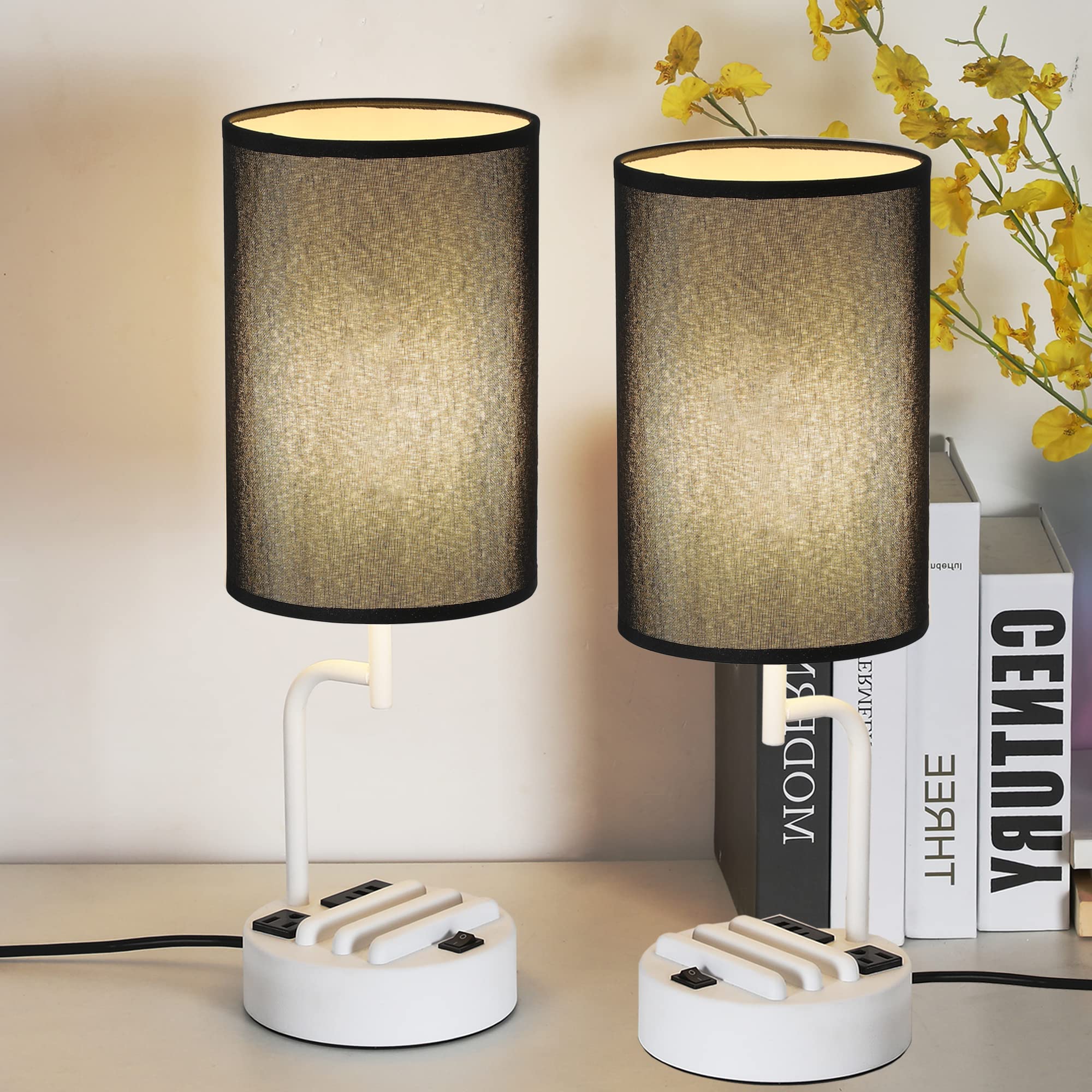 Dreamholder Table Lamp with 3 USB Charging Ports, Modern Desk Lamp with AC Outlet and Phone Stands, Perfect Bedside Lamp for Bedroom, Living Room, Office (Pack of 2), White&Black Image