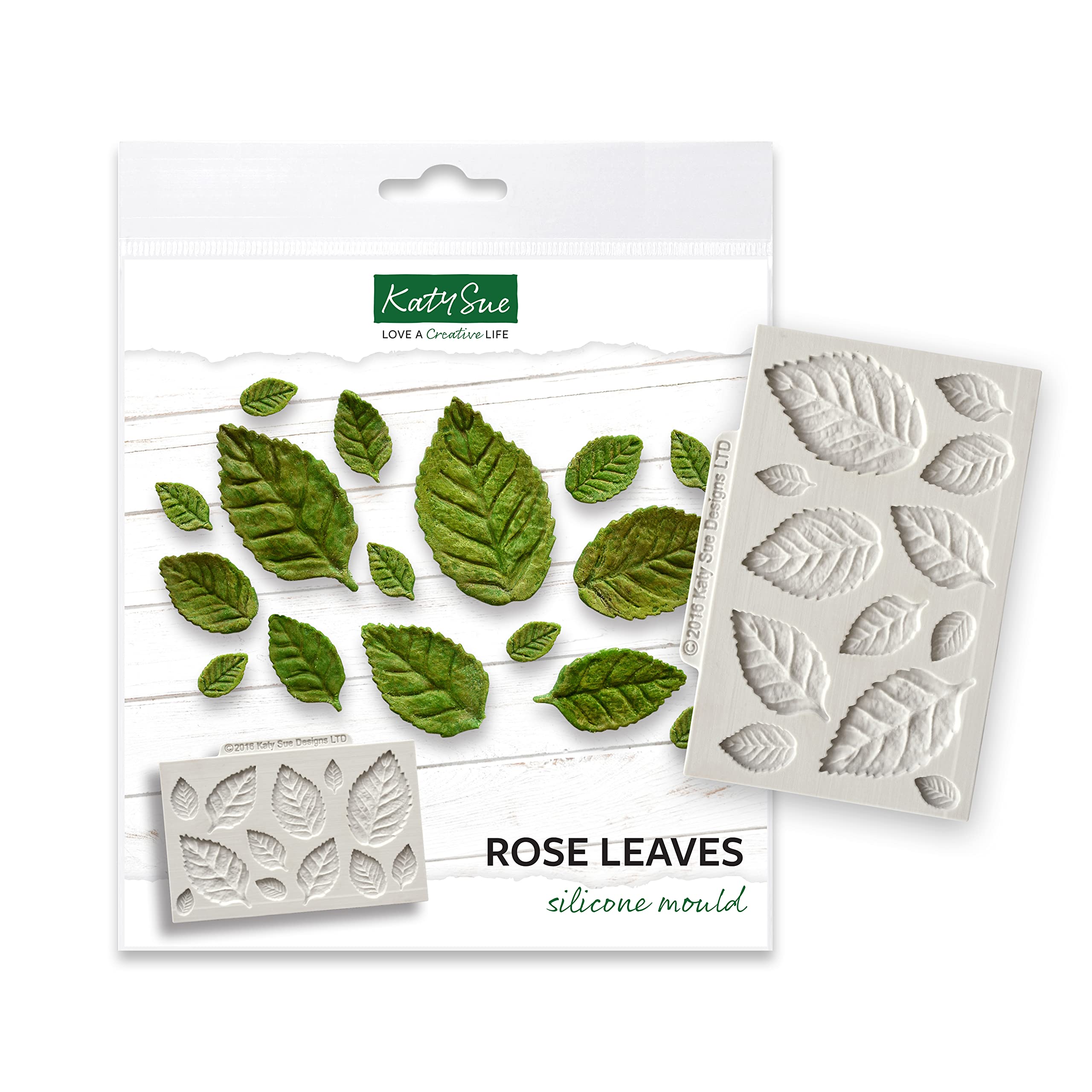 Katy Sue Rose Leaves Silicone Mould for Cake Decorating & Craft. Makes 12 Rose Leaves for Fondant, Sugar Paste, Flower Paste & Air Dry Clay. Largest 38 x 26, Smallest 14 x 8 Millimetres - UK Made — image 1