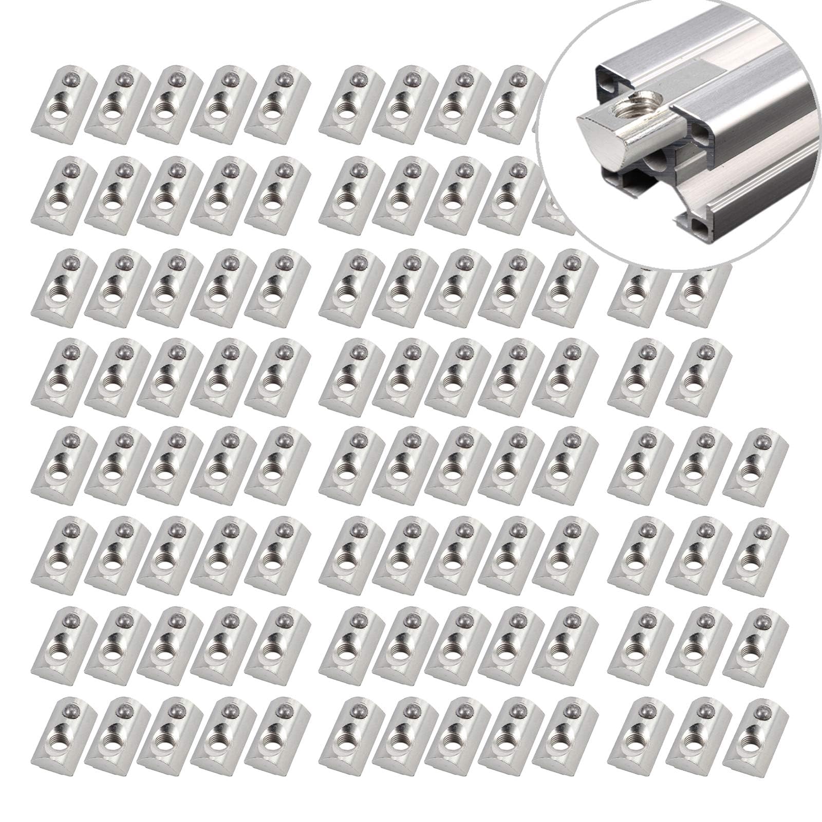 EYPINS 100 Pcs Roll-in Spring M6 T Nut Metal Profile 8mm Slot Nuts Roll Ball Elastic Nut 8 With Guide Plate for 3030 3060 Aluminum Profile (Galvanized Steel)