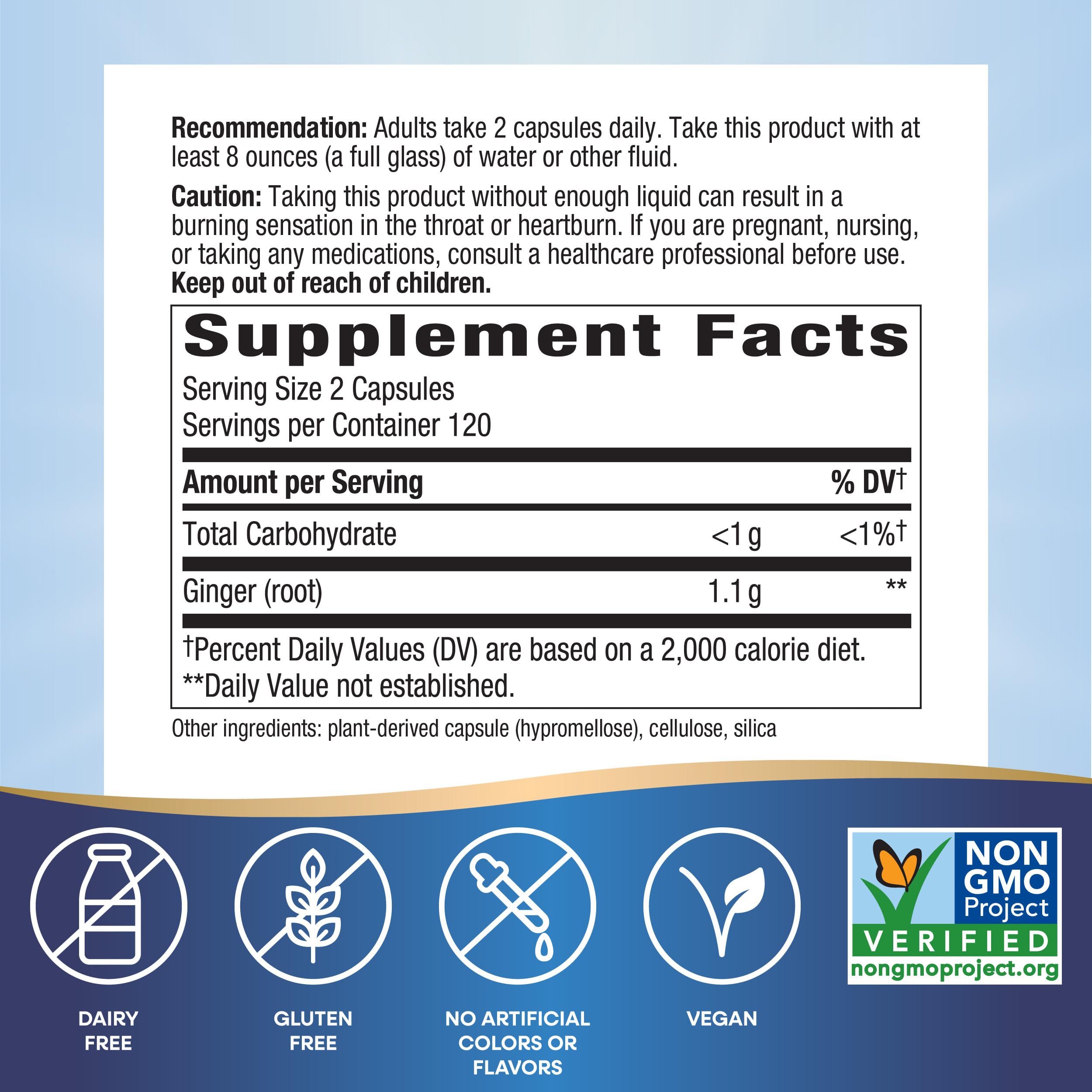 Nature's Way Ginger Root Capsules 550 mg per capsule, Digestive Comfort* Reduces Motion-Related Nausea*, 1,100 mg per 2 Capsules, Non-GMO Project Verified, Vegan, 240 Count (Packaging May Vary)