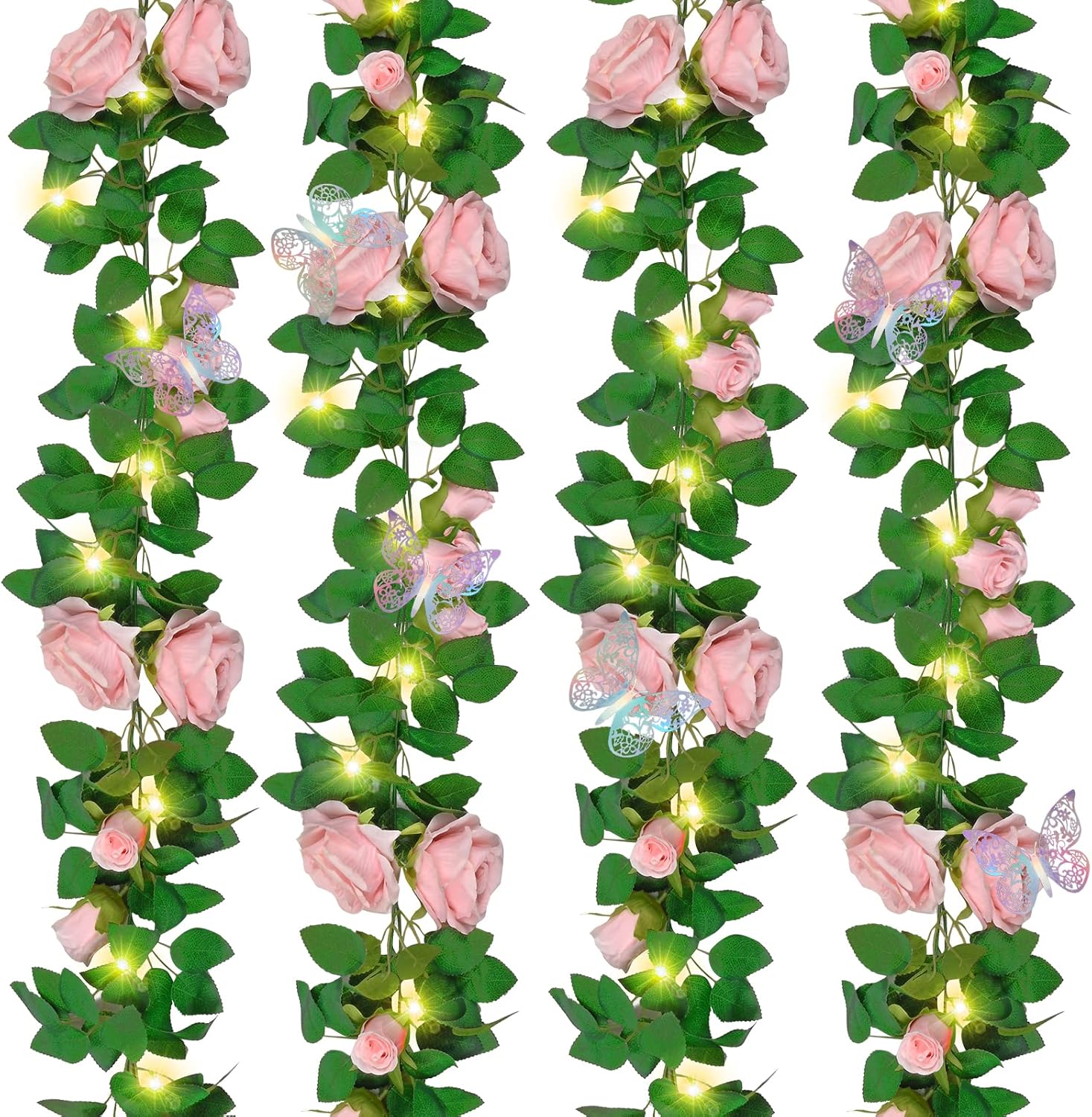 Wreaths, Garlands & Swags - Yastouay 4Pcs 26.9Ft Pink Flower Garland with 4Pcs Lights, Butterfly Artificial Rose Garland Fake Rose Vines Flower Vines for Backdrop Wedding Table Centerpiece Decoration Baby Shower Room Decor