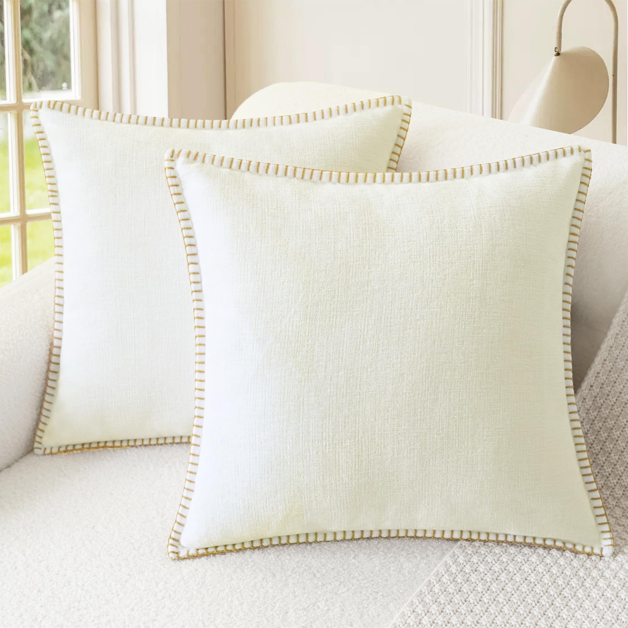 CaliTime Throw Pillow Cases Pack of 2 Cotton Thread Stitching Edges Solid Dyed Soft Chenille Cushion Covers for Couch Sofa Home Farmhouse Decoration 55cm x 55cm Cream