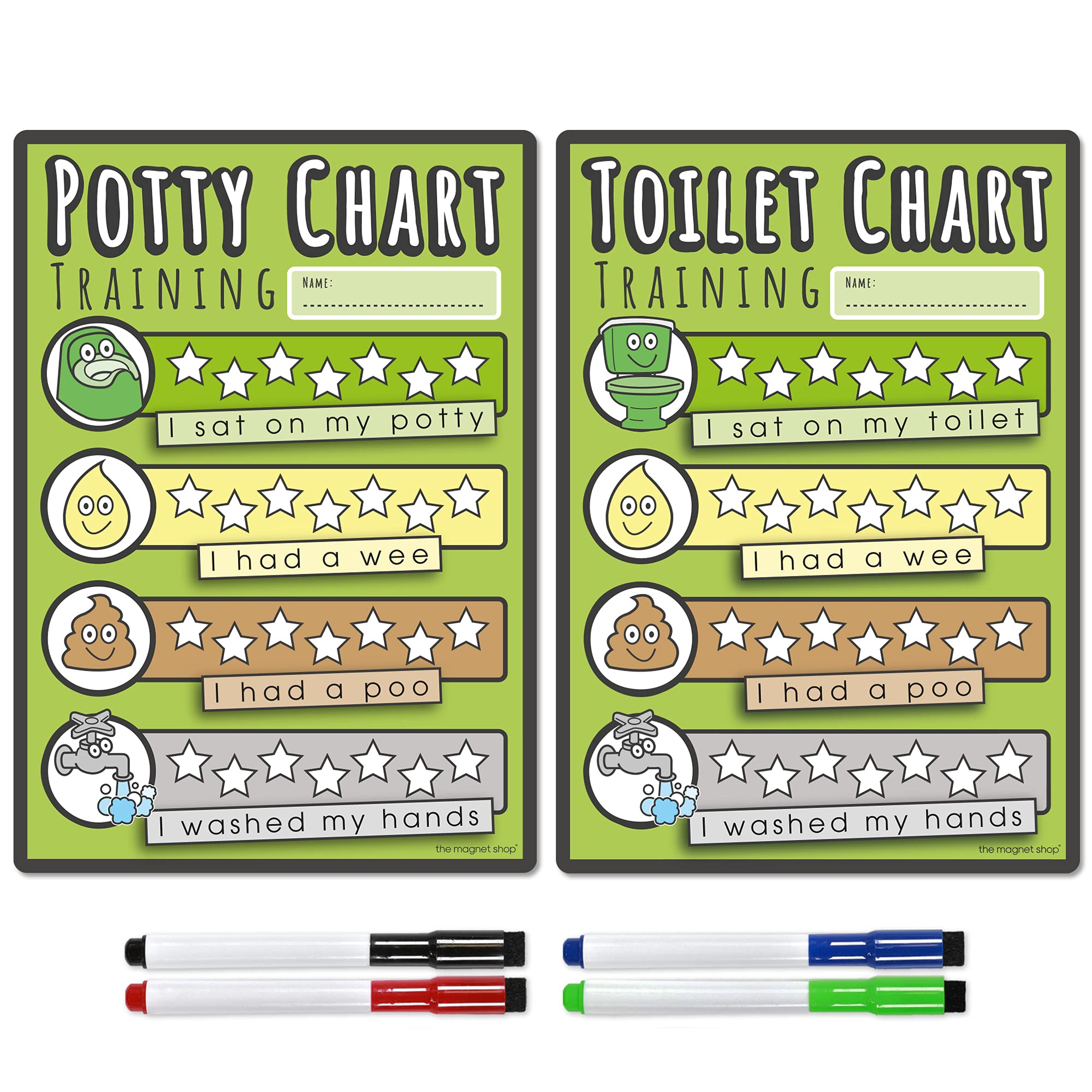 TMS Potty Training Chart and Toilet Reward Chart for Children - Dry Wipe Magnet with Colour in Stars and 4 Magnetic Dry Erase Pens for Toddlers, Kids, Boys, Girls (Green, A5 Potty & Toilet Chart)