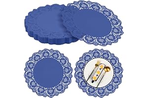 MCEAST 100 Pack Round Blue Paper Doilies 13.5 Inches Lace Paper Place Mats Rustic Scallop Doily Disposable Paper Table Pads for Food Cakes Crafts Party Weddings Tableware Decor