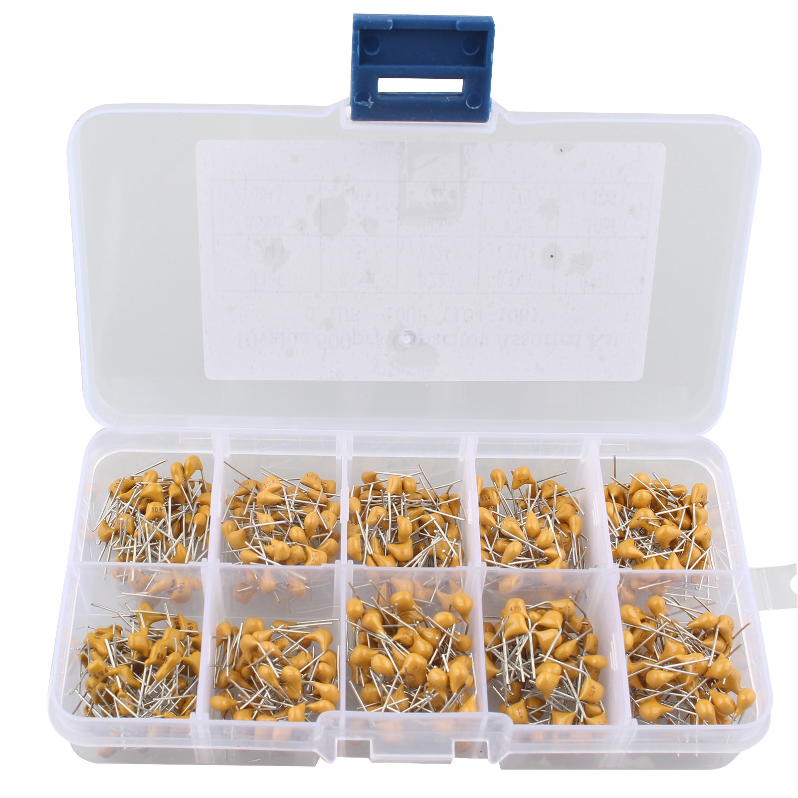 HALJIA 500pcs 10 Values 0.1uF-10uF Multilayer Monolithic Ceramic Electrolytic Capacitor Assortment Kit with Plastic Box