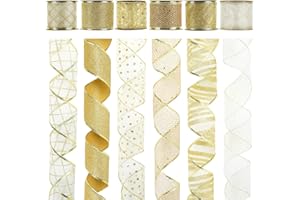 MIDI RIBBON MEEDEE Gold and White Ribbon for Christmas Trees - 2.5 Inch, 6 Rolls, 36 Yards - Gold Wire Mesh Ribbon for Wreaths and Tree Decoration