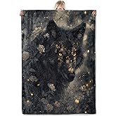 ICAAV Mystical Black Wolf Flannel Blanket 50x60in,Enchanted Forest Floral Night Design,Soft Lightweight Throw for Wolf Lovers,Fantasy Fans,Wiccan Decor and Dark Aesthetic Rooms Gifts Blankets