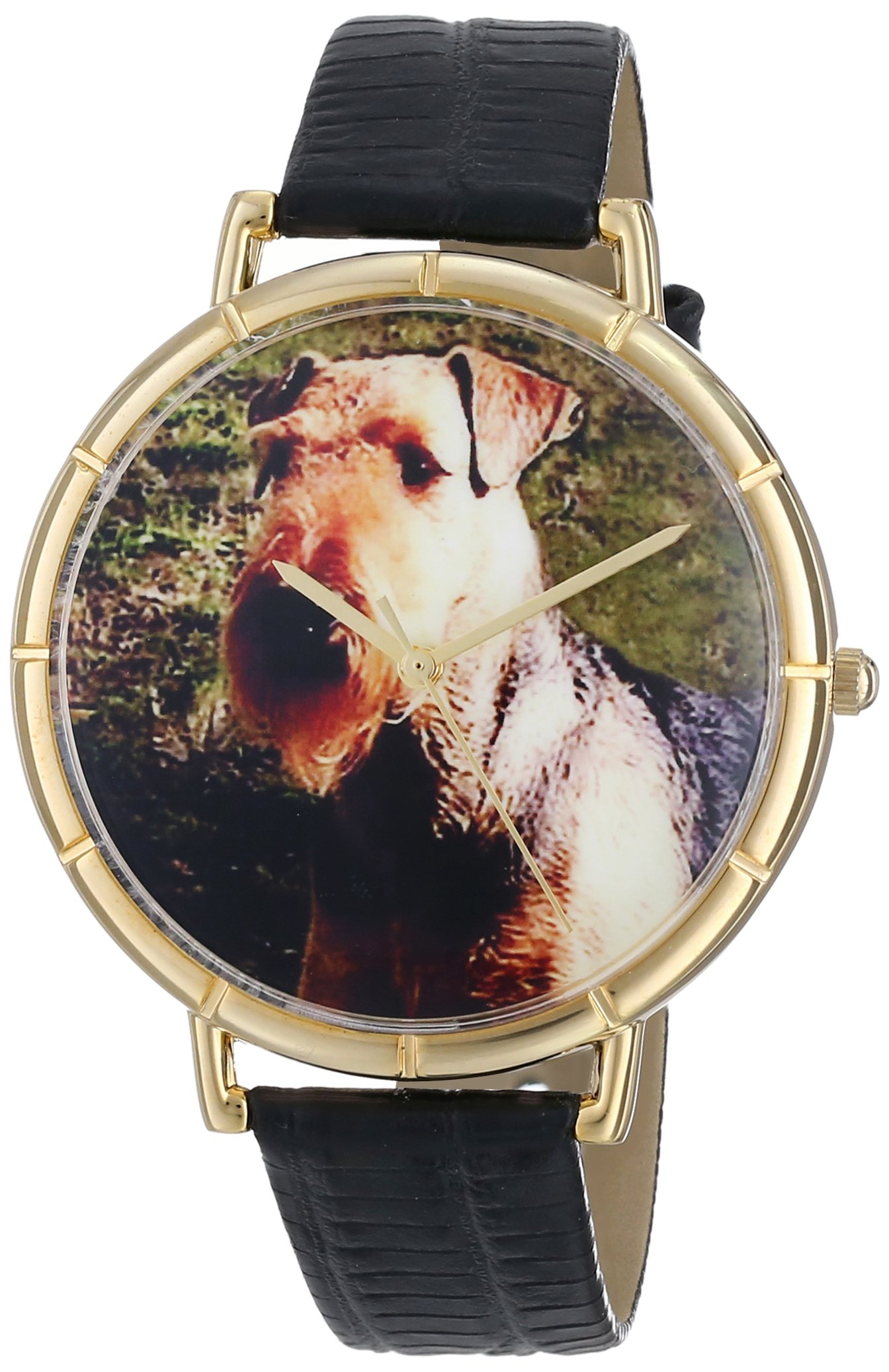 Whimsical Watches Airedale Terrier Black Leather and Goldtone Photo Unisex Quartz Watch with White Dial Analogue Display and Multicolour Leather Strap N-0130079