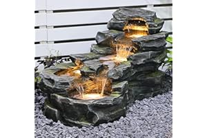 SUNLINUA 37" L Garden Outdoor Water Fountain, Floor Standing 5-Tiers Rock Natural Waterfall Outdoor Fountains with LED Lights for Patio, Porch, Home Art Decor