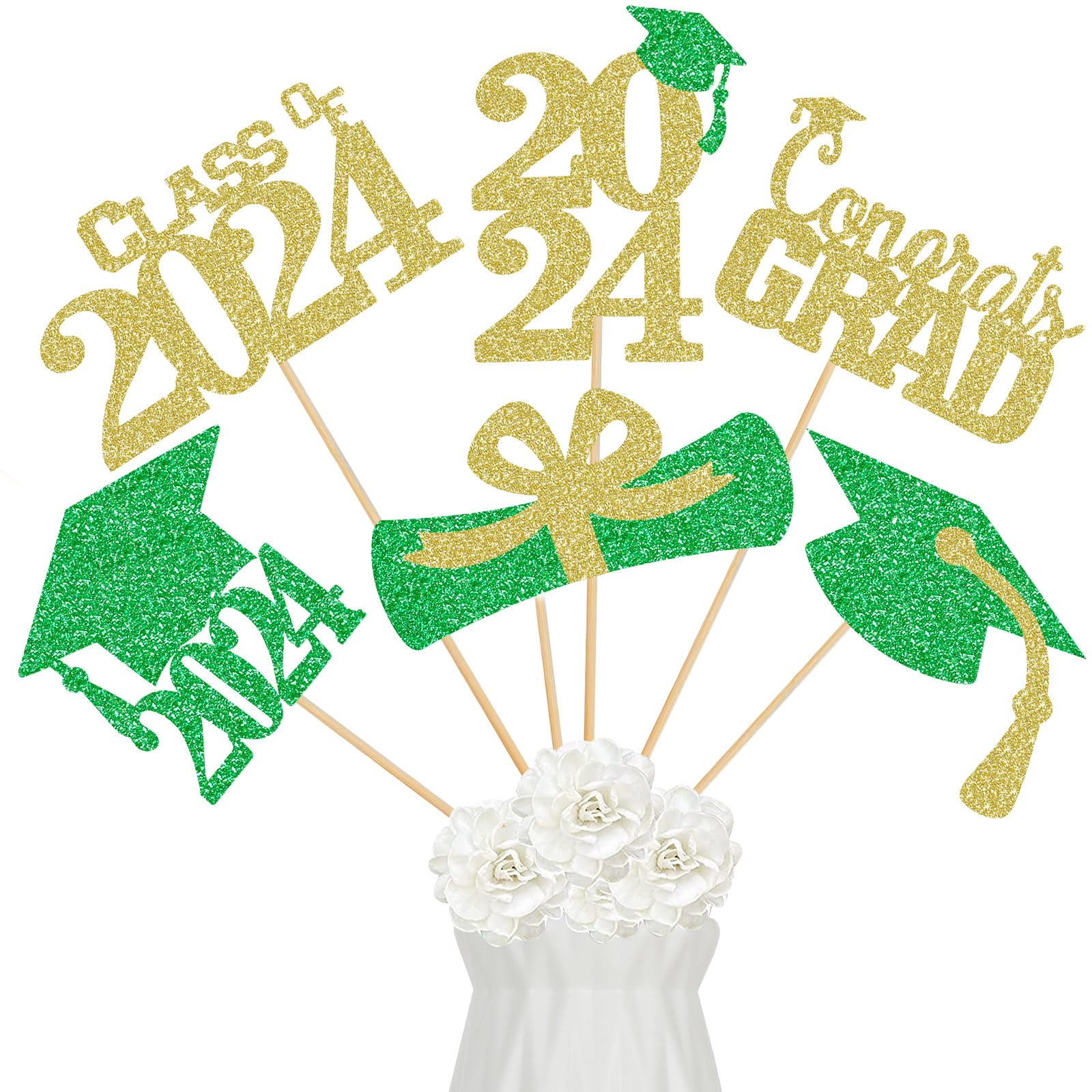 Photo 1 of 24 Pcs Graduation Centerpieces 2024 Green and Gold, Graduation Centerpieces for Tables 2024 Green and Gold Graduation Centerpiece Sticks for Graduation Party Decorations 2024 Green and Gold