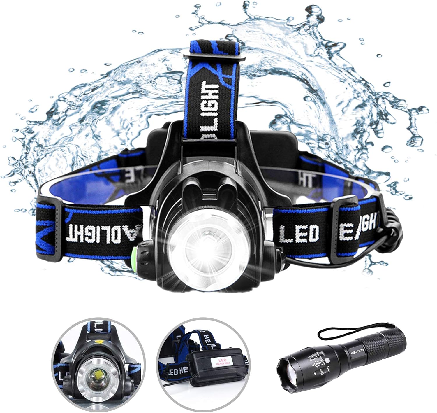 ICELITEZS 2 in 1 Headlamp & Flashlight USB Rechargeable | LED Brightest High 2500 Lumen Work Headlamp | IPX4 Waterproof & 18650 Flashlight with Zoomable Work Light | Headlights for Mechanics | Camping - - 