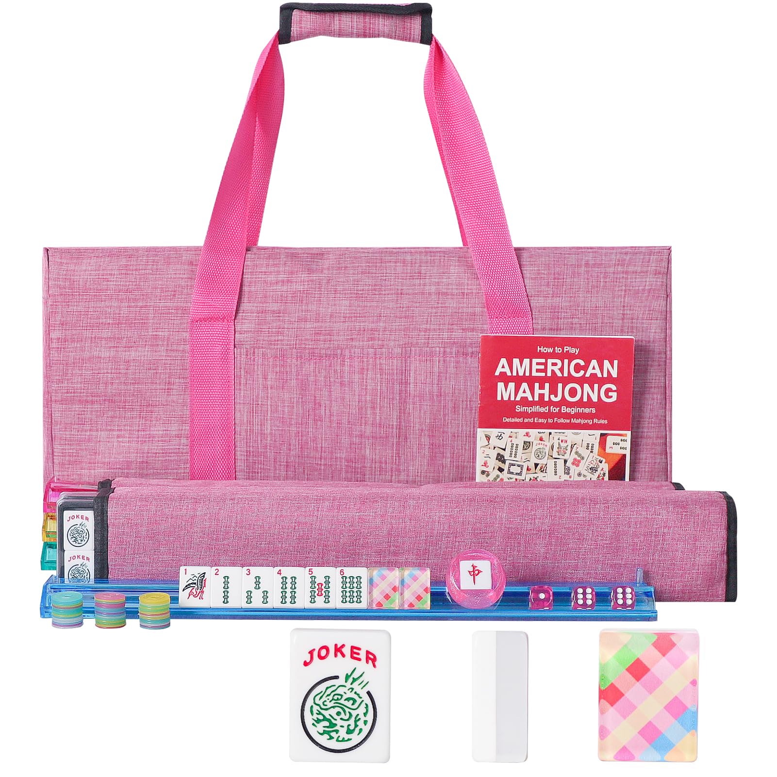 American Mahjong Set,166 Quality Acrylic Tiles with Colorful Prints, 4 All-in-One Color Rack/Pushers, Complete Mahjong Game Set with Carrying Bag