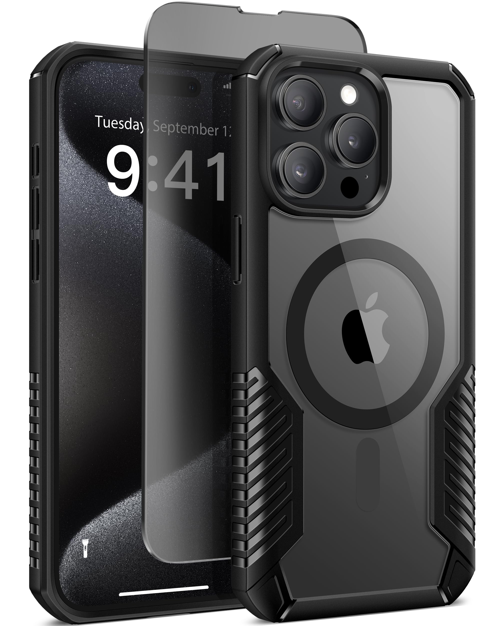 MOBOSI for iPhone 15 Pro Max Case with Screen & Camera Lens Protector, Compatible with MagSafe,Shockproof Mil-Grade Protection, Privacy Magnetic Slim Phone Cases for i Phone 15 Promax 6.7'', Black