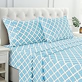 LUX Décor Quatrefoil Full Sheet Set - 4 Piece Ultra-Soft Microfiber Bed Sheets with Flat Sheet, 16 Inches Deep Pocket Fitted Sheet & Pillowcases, Breathable, Bedroom Decor, Oeko-TEX - Blue
