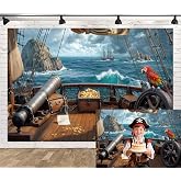 Pirate Ship Backdrop, Wooden Pirate Ship Deck Photography Background, Nautical Treasure Map Parrot Kids Boys Happy Birthday Baby Shower Party Decoration Banner Photo Booth Propss 7X5FT