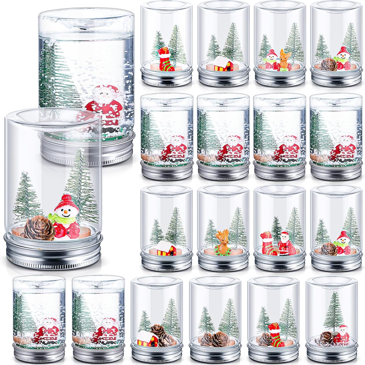 Snow Globes - Liliful 24 Pack Christmas Clear Plastic Snow Globe Kit with Mini Christmas Tree Faux Snow Flake Artificial Pine Cone Santa Claus Snowmen Reindeer Stocking House for Xmas Holiday DIY Crafts Decorations