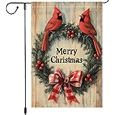 Christmas Garden Flag 12x18 Inch Double Sided Burlap Cardinal Birds with Wreath and Bow Rustic Holiday Winter Outdoor Yard House Decoration Merry Christmas Seasonal Welcome Flag