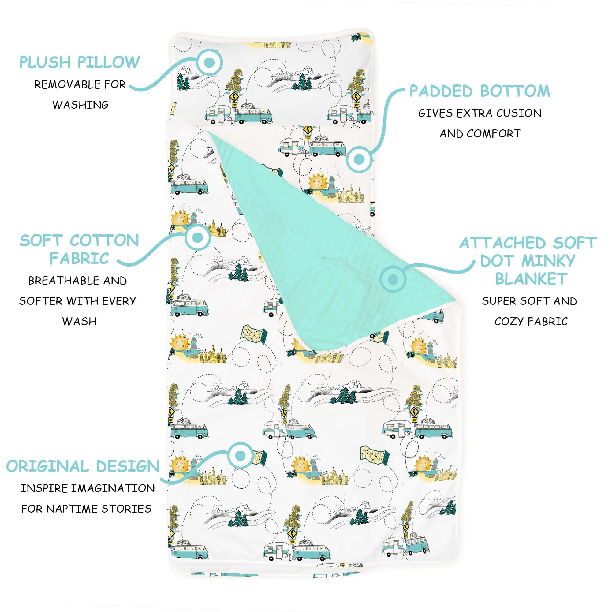 JumpOff Jo - Extra Long Toddler Nap Mat for Preschool, Daycare and Kindergarten - Sleeping Bag for Kids with Removable Pillow and Ultra Soft Blanket - Travel, Road Trip