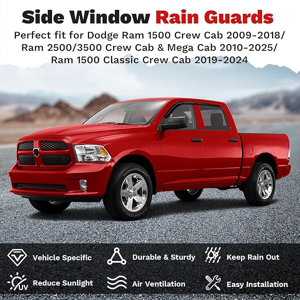 CANVCLE WINDOW VISORS RAIN GUARDS FOR DODGE RAM 1500 CREW CAB 2009-2018/RAM 2500/3500 CREW CAB & MEGA CAB 2010-2026/RAM 1500 CLASSIC CREW CAB 2019-2024, TAPE-ON SIDE WINDOW DEFLECTORS VENT VISORS 4PCS