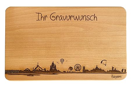 Brotzeitbrett Bayern Skyline | Frühstücksbrettchen aus Buche | Holz Schneidbrett | Geschenk mit Gravur | Bundesland Bayern | 