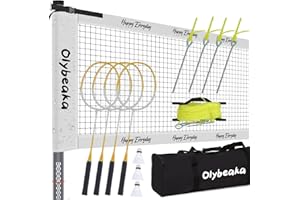 OLYBEAKA Outdoor Badminton Set for Backyard Lawn Beach Portable Badminton Net Set System with Anti Sagging Design 4 Carbon Aluminum Rackets 3 Birdies and Carrying Bag