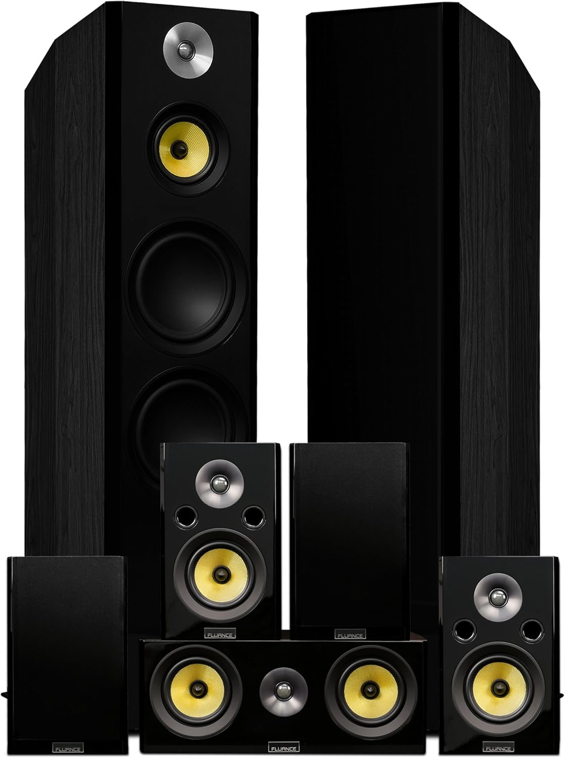 Fluance Signature HiFi Surround Sound Home Theater 7.0 Channel Speaker System Including 3-Way Floorstanding Towers, Center Channel, Surround and Rear Surround Speakers - Black Ash (HF70BR)