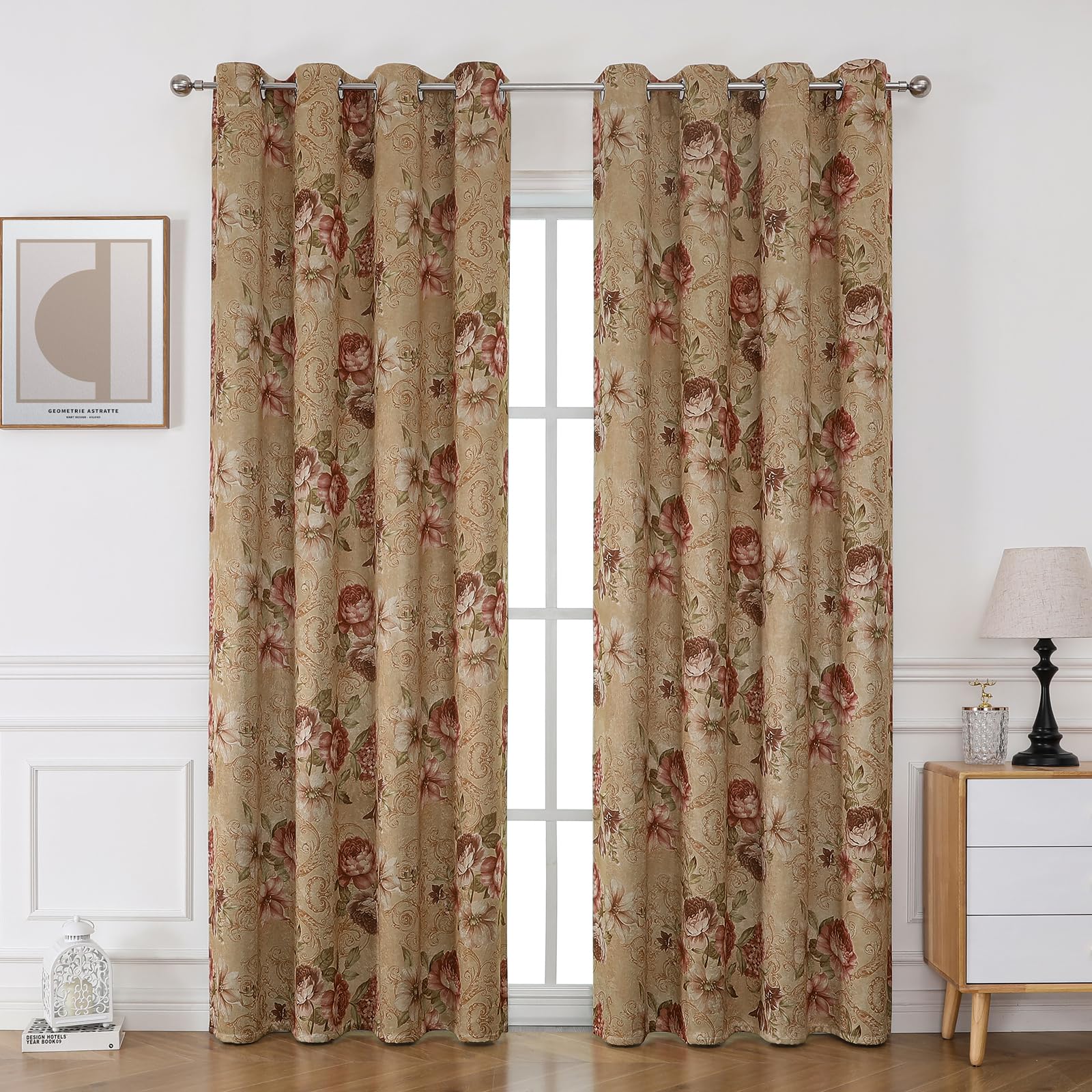 BUHUA Set of 2 Opaque Curtains with Flowers, Vintage Curtain, Rural Curtains, Eyelet Curtain, Elegant Blackout for Bedroom, Living Room, H 225 x W 132 cm, Purple Cinnamon