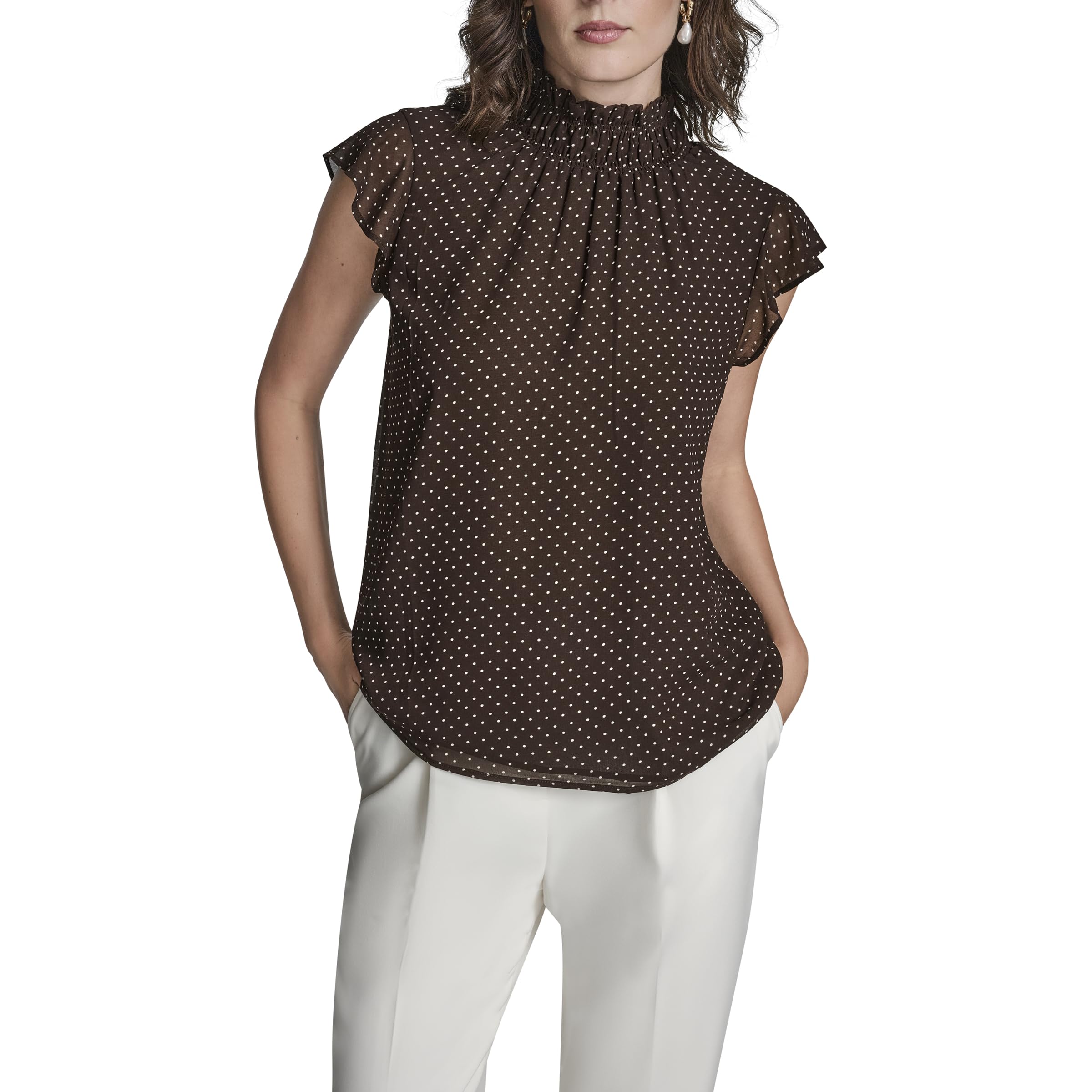 BCBG Women’s Flutter Sleeve Ruffle Mock Neck, Truffle/Whisper White, X-Large