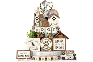 Mifoci 16 Pcs Dog Tiered Tray Decor Cute Dog Signs Home Decor Wooden Woof Decorative Trays Farmhouse Vintage Sweet Home Wooden Sign for Winter Kitchen Coffee Bar Decoration