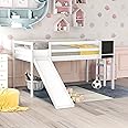 MWrouqfur Twin Over Twin Metal Bunk Bed, Low Bunk Bed with Safety Ladder and Children's Slide for Kids Teenagers, Saving Space, Easy Installation(White)
