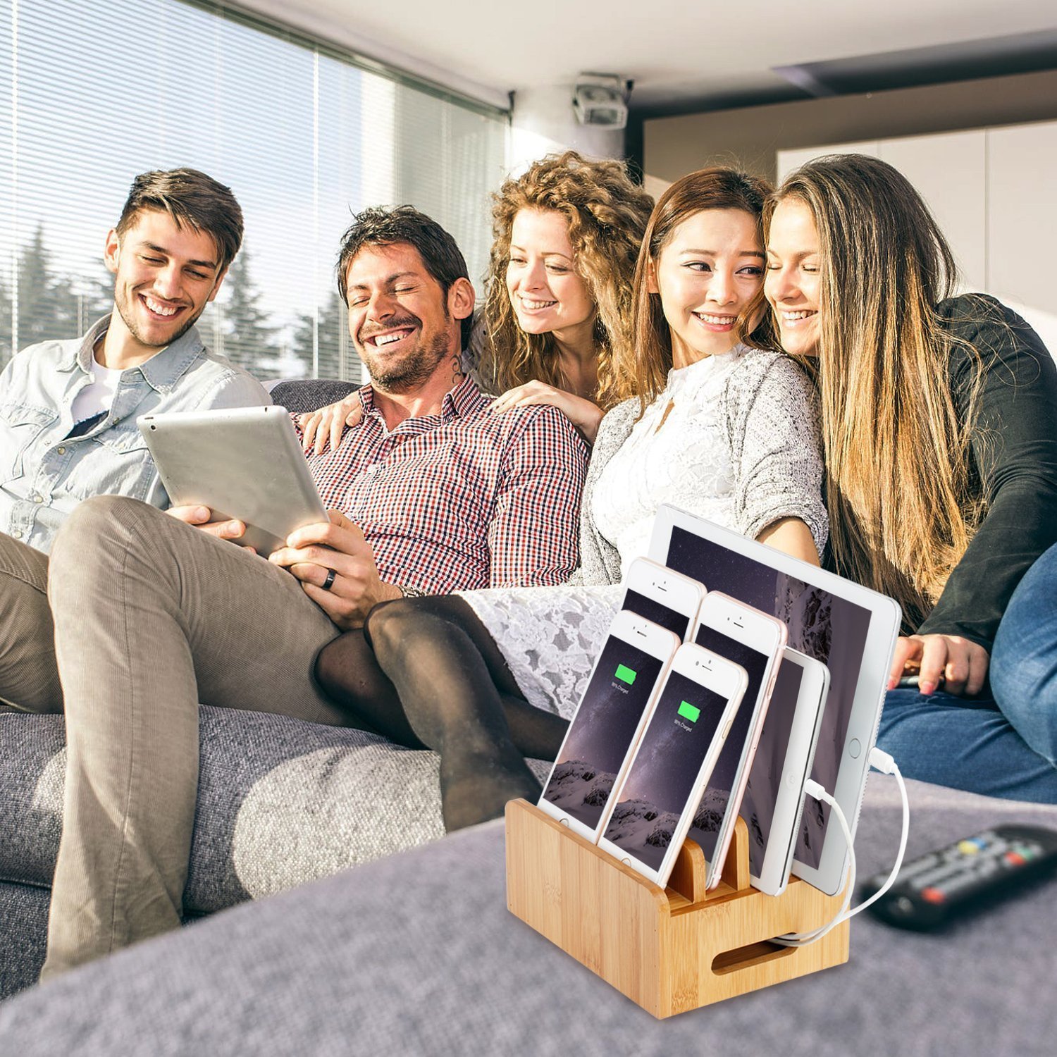 LENPOW Natural Bamboo Universal Charging Station Dock Stand Multi-device Organizer for Phones Pad Tablets Laptops - Strong Build ,Eco-Friendly