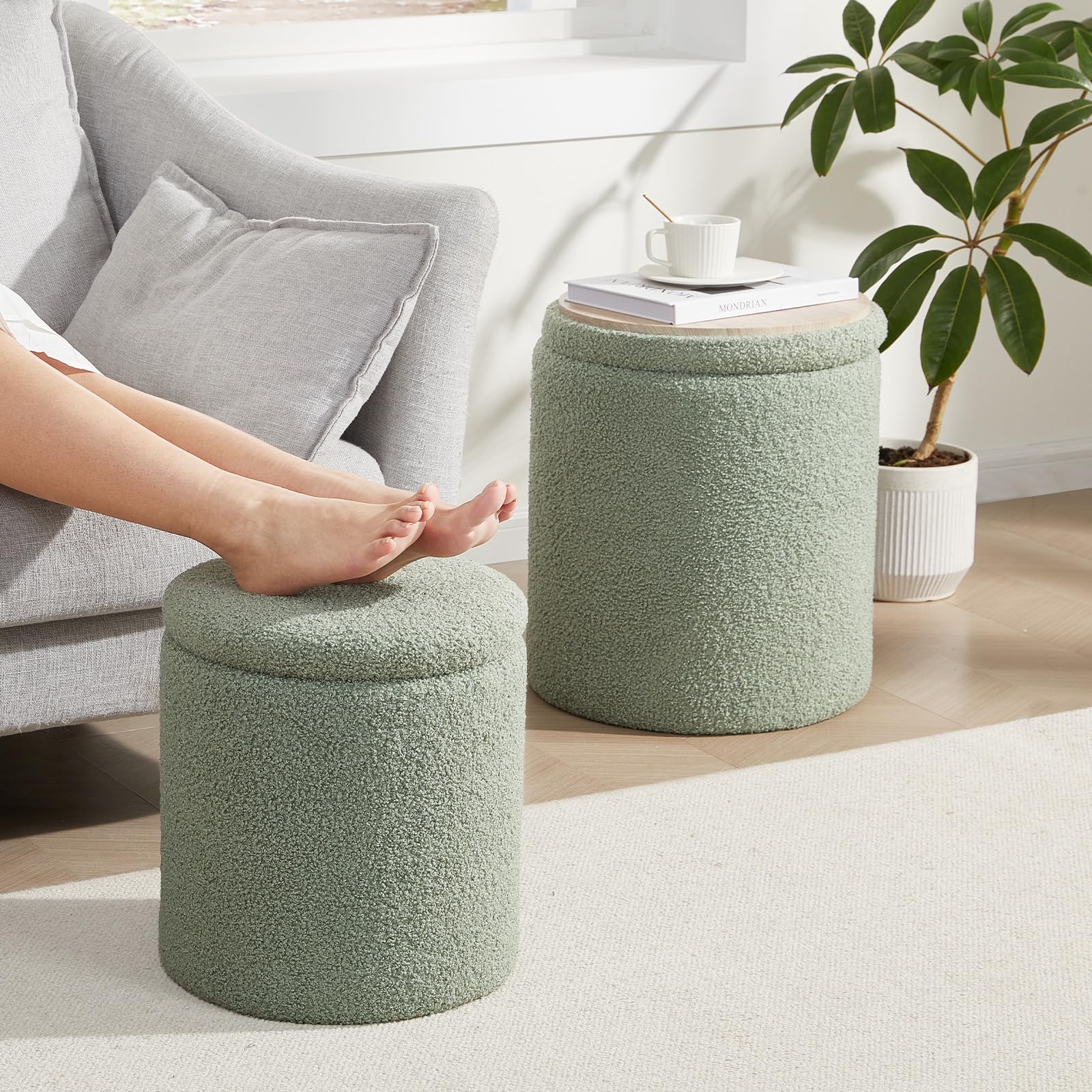 Royal Windsor Boucle Round Ottoman with Storage Set of 2,Small Foot Stool Ottoman for Living Room, Ottoman Coffee Table,Vanity Stool with Storage for Bedroom, Green - Image 8