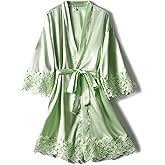 Women Lace Trim Robe Short Kimono Gown Silky Bathrobe for Bride Bridesmaid Nightgown