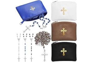 Dansydaisy 8 Pcs Rosary Pouch with Catholic Christmas Rosary Beads Necklace Set for Women Leather Holder with Zipper Gold Cross Imprint Case Portable Religious Bag for Travel