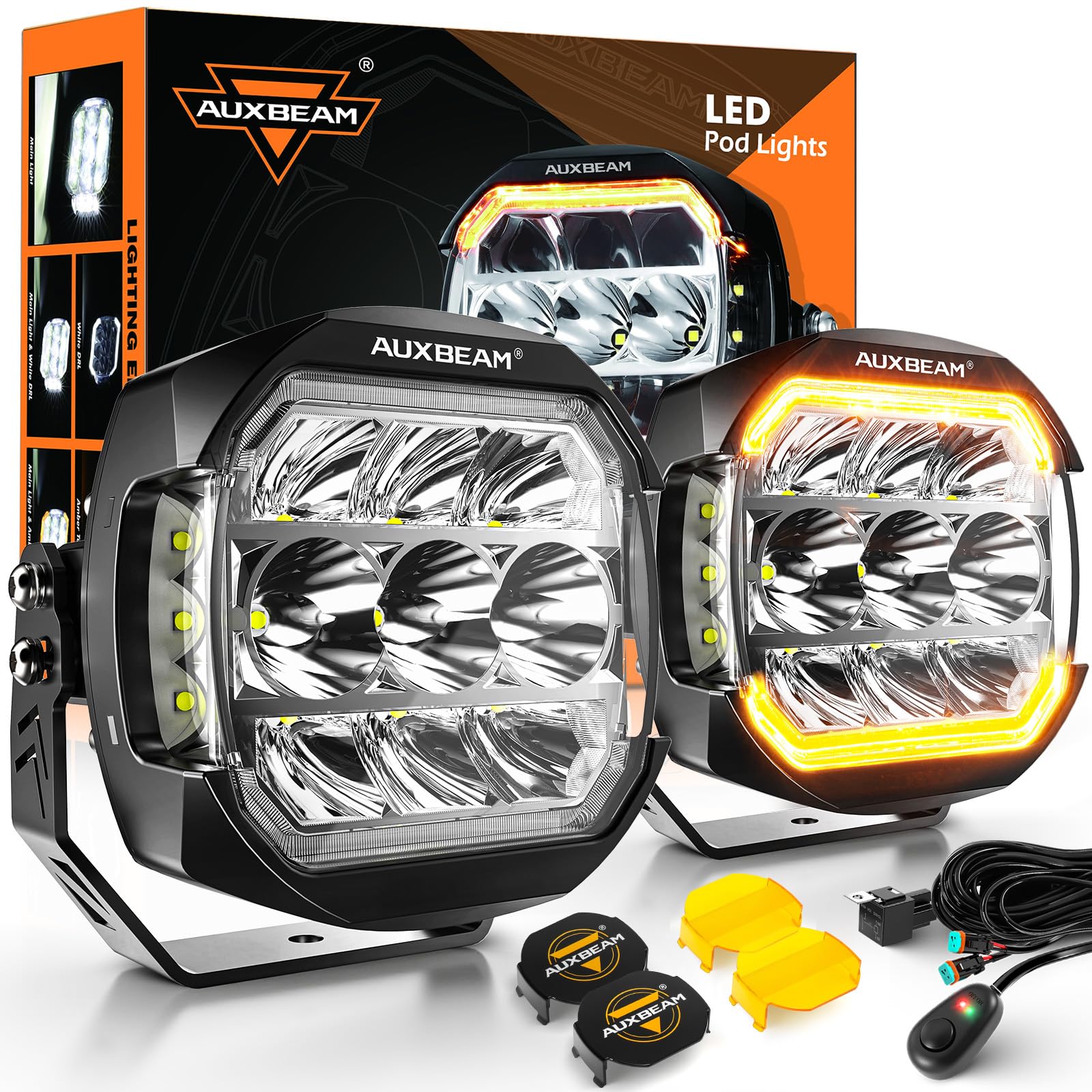 Photo 1 of Auxbeam XP-Ultra Series 5" Offroad LED Pod Lights, 270° Side Shooter, Amber White DRL & Turn Signal, 174W 20400LM Spot Flood Combo, Driving Fog Light Bar with Dual Color Protective Covers, Pair