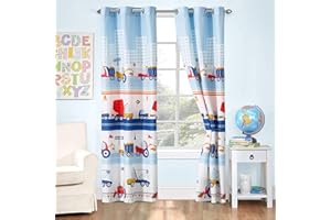 Kids Zone Home Linen 2 Panel Curtain Set with Grommet for Boys Girls Teens Bedroom Multicolor Set (Construction Cranes Mobile Crane Cement Truck Tlb Blue White Red Yellow)