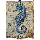 amepay Vintage Blue Seahorse Blanket Gifts for Kids Girls Women,Nautical Antique Map Seashell Throw Blankets,Soft Comfy Lightweight for Room Couch Bed Modern Retro Decor,Ocean Lover 60x50in