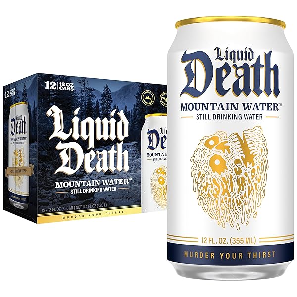 LIQUID DEATH, STILL MOUNTAIN WATER, 12-PACK (12OZ CANS), REAL MOUNTAIN SOURCE, INFINITELY RECYCLABLE ICE-COLD CANS, AMERICAN MADE