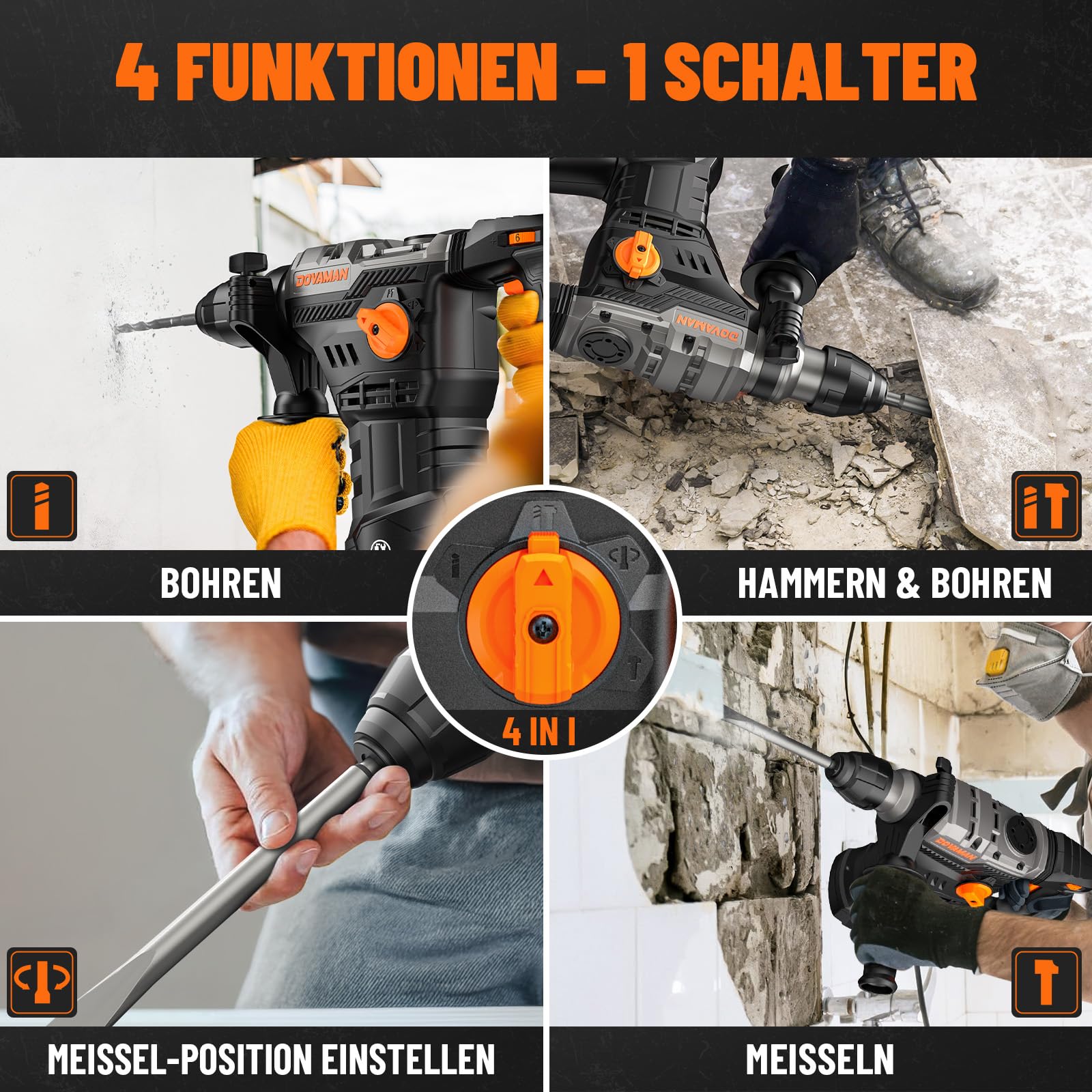 DOVAMAN RH15A Bohrhammer 1500W SDS-Plus, 7 Joule, 4 Funktionen, 900 U/min, 4350 bpm, Anti-Vibration, Sicherheitskupplung, inkl. Bohrer- & Meißelset, für Beton & Mauerwerk, mit Koffer 3